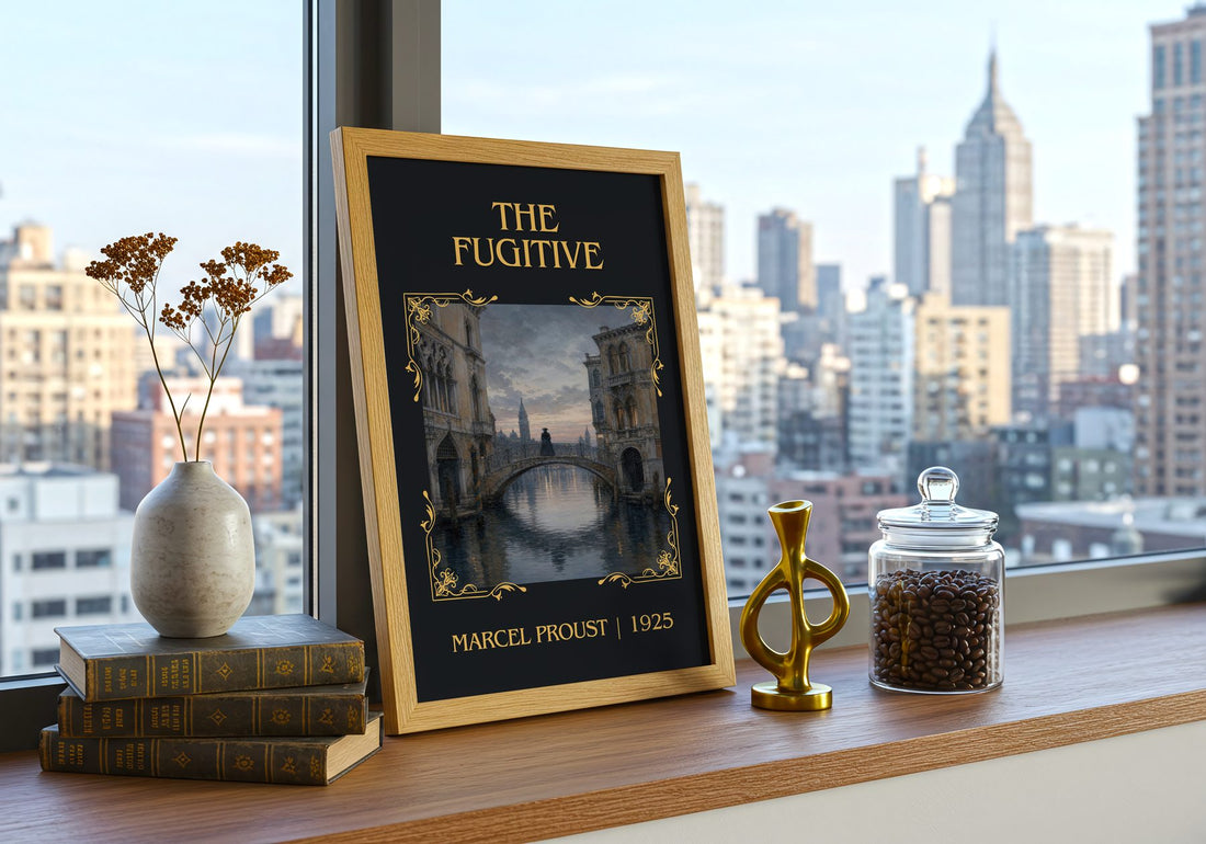 The Fugitive Classic Book Art Print by Marcel Proust – framed print on a city-view windowsill