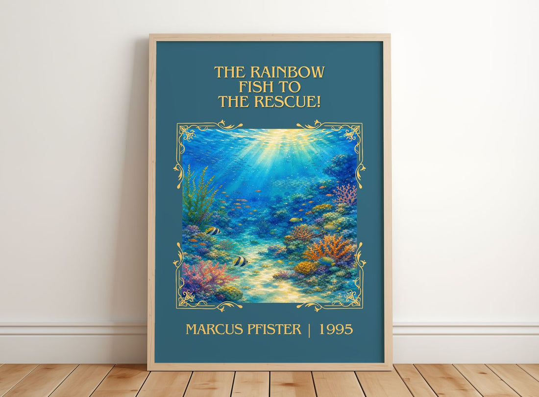 Rainbow Fish To The Rescue! Classic Book Art Print by Marcus Pfister – framed print leaning on a wooden floor