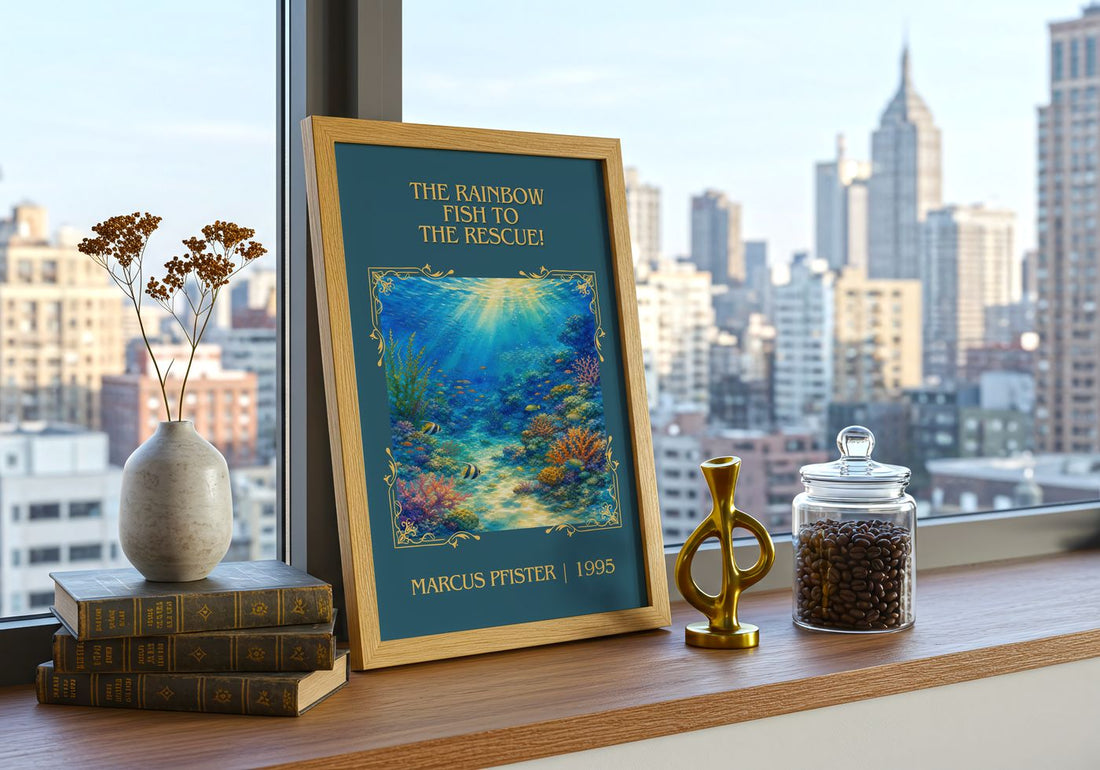 Rainbow Fish To The Rescue! Classic Book Art Print by Marcus Pfister – framed print on a city-view windowsill