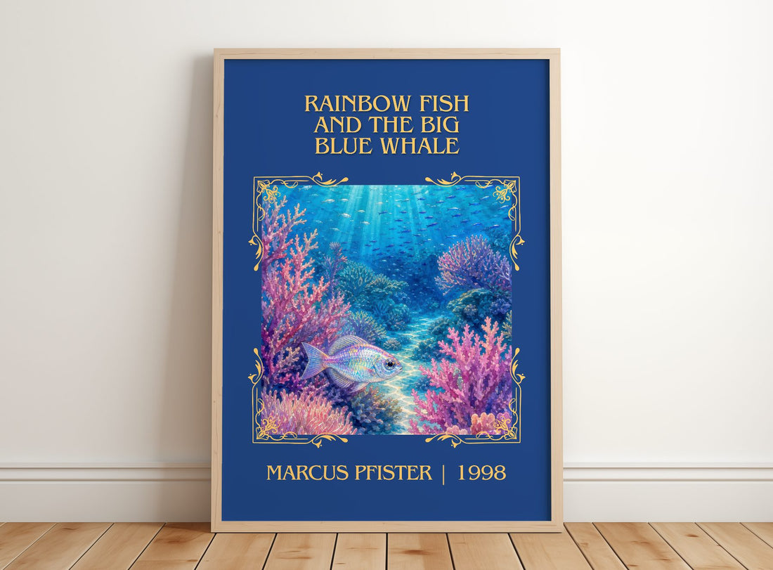 Rainbow Fish And The Big Blue Whale Classic Book Art Print by Marcus Pfister – framed print leaning on a wooden floor