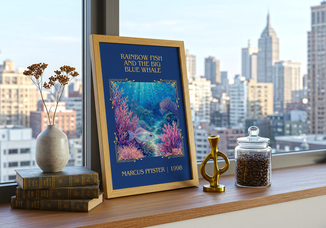 Rainbow Fish And The Big Blue Whale Classic Book Art Print by Marcus Pfister – framed print on a city-view windowsill