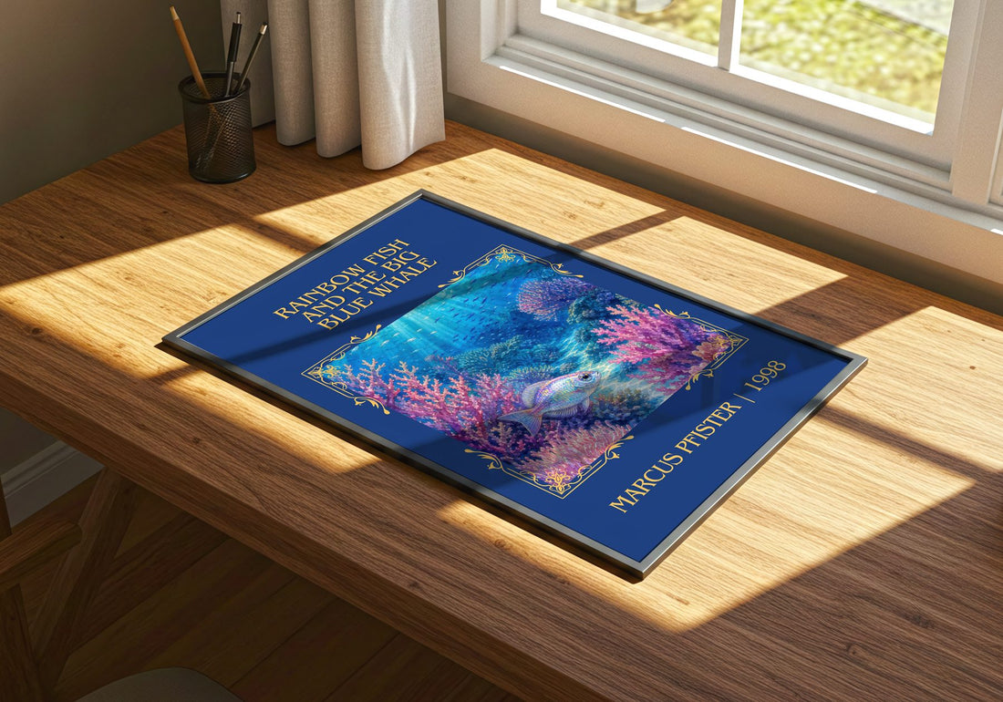 Rainbow Fish And The Big Blue Whale Classic Book Art Print by Marcus Pfister – print on a sunlit desk