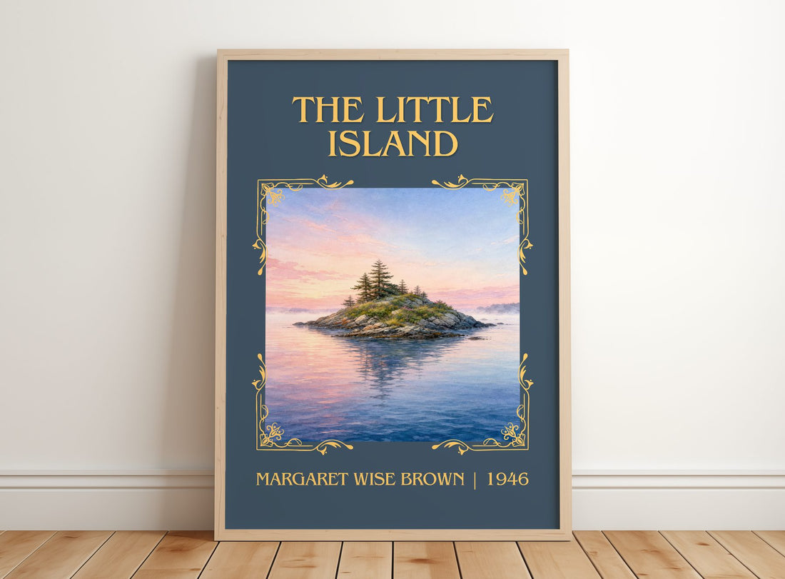 The Little Island Classic Book Art Print by Margaret Wise Brown – framed print leaning on a wooden floor