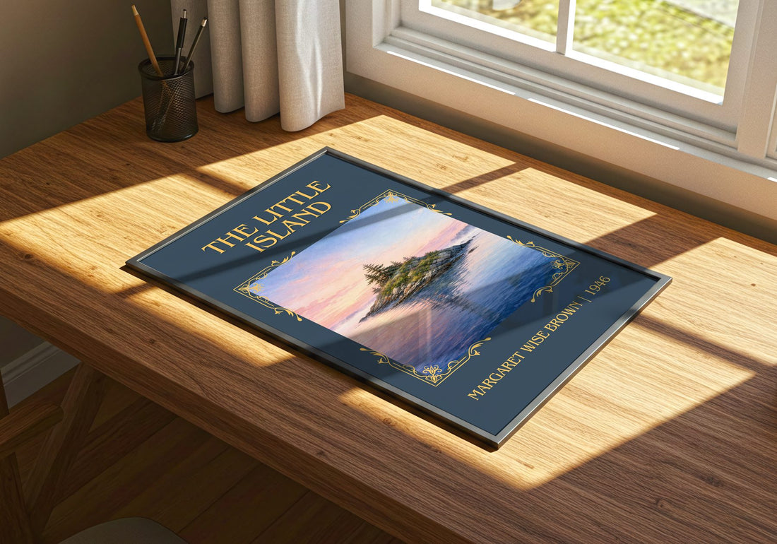 The Little Island Classic Book Art Print by Margaret Wise Brown – print on a sunlit desk
