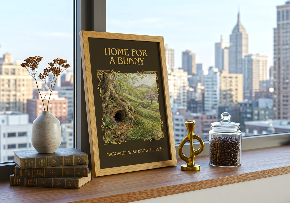 Home For A Bunny Classic Book Art Print by Margaret Wise Brown – framed print on a city-view windowsill