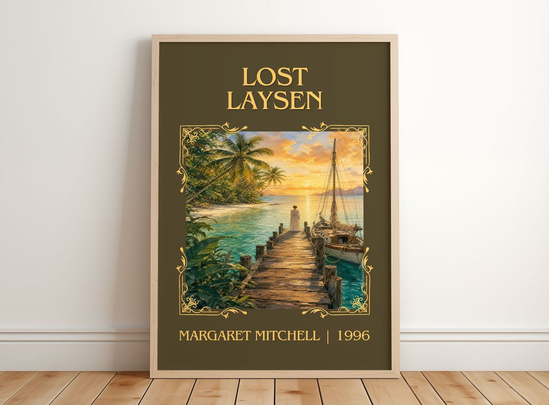 Lost Laysen Classic Book Art Print by Margaret Mitchell – framed print leaning on a wooden floor