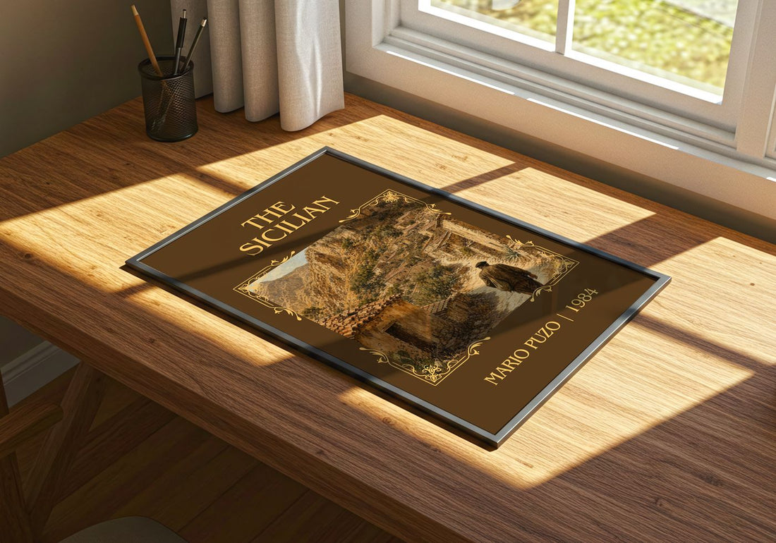 The Sicilian Classic Book Art Print by Mario Puzo – print on a sunlit desk