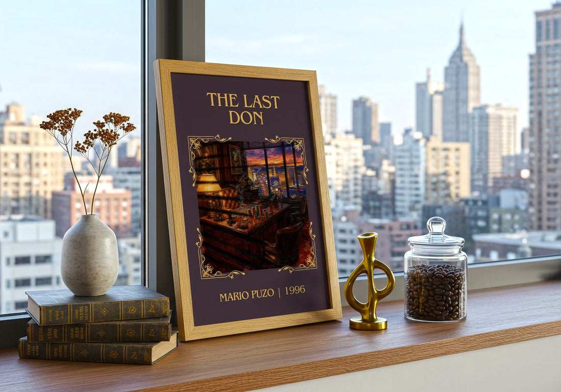 The Last Don Classic Book Art Print by Mario Puzo – framed print on a city-view windowsill