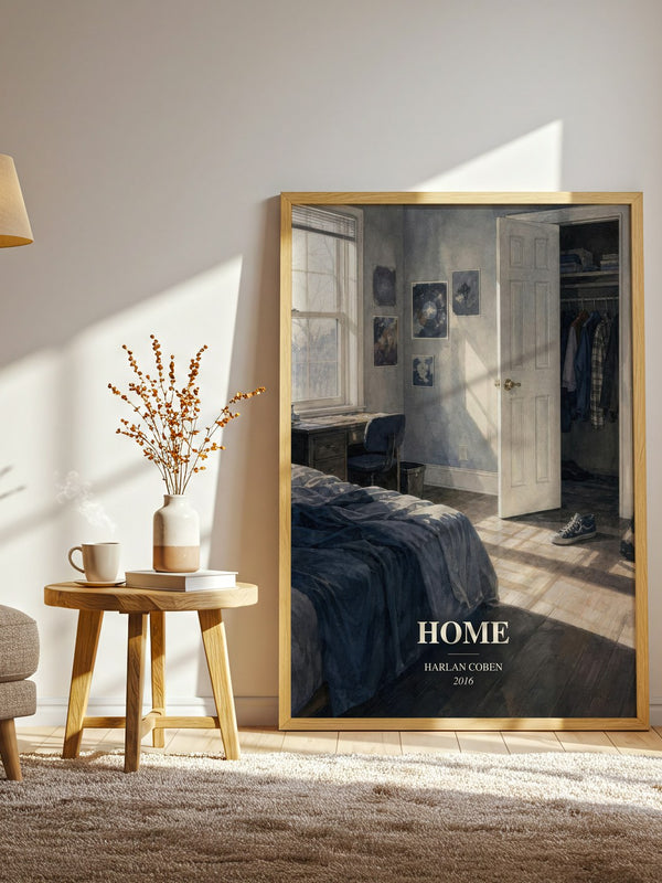 Home watercolour print in frame leaning in hallway – thriller wall art