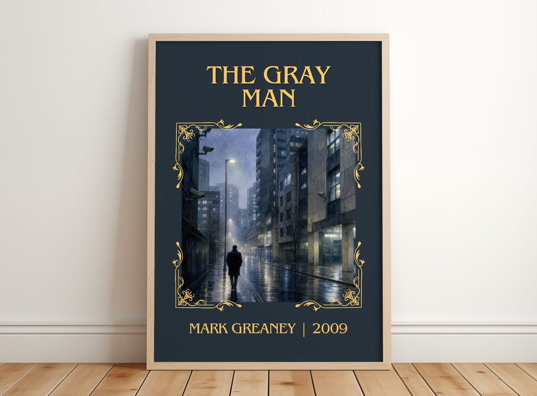 The Gray Man Classic Book Art Print by Mark Greaney – framed print leaning on a wooden floor