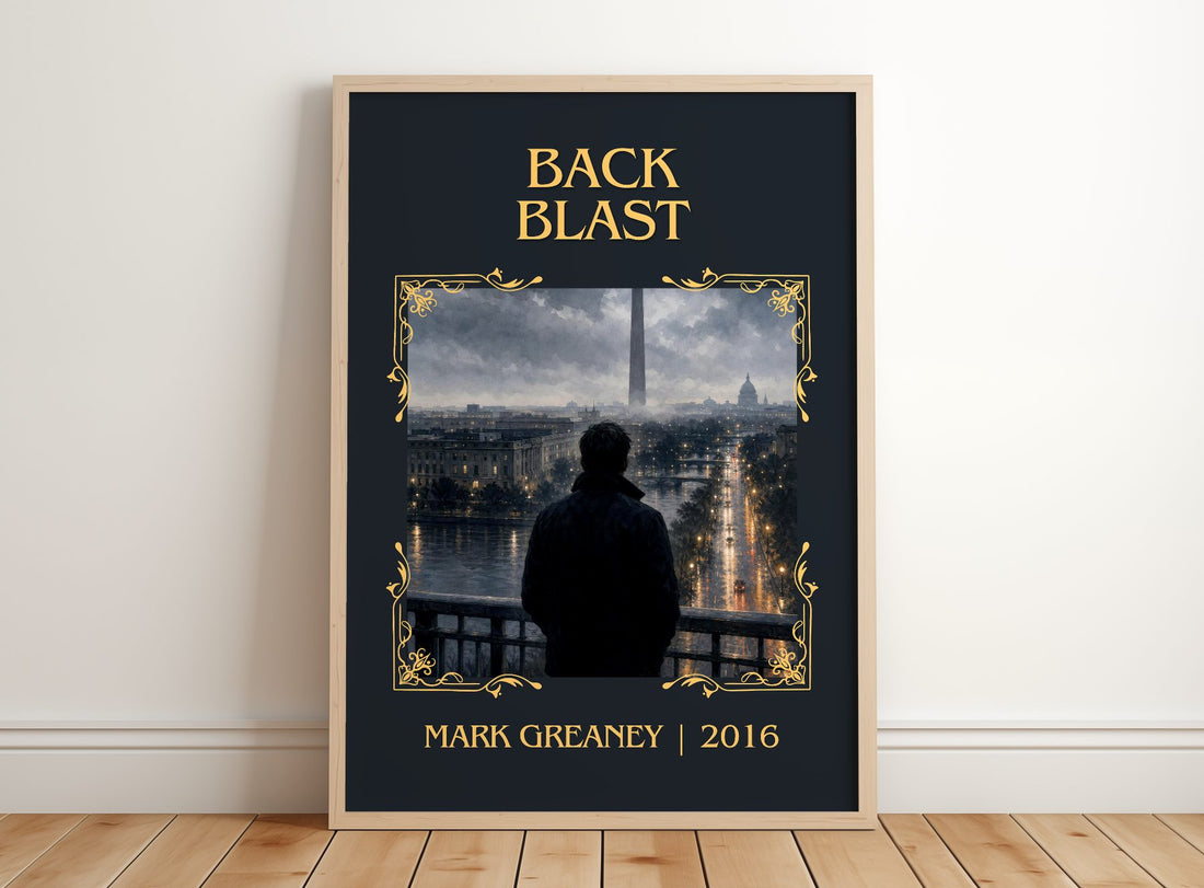 Back Blast Classic Book Art Print by Mark Greaney – framed print leaning on a wooden floor