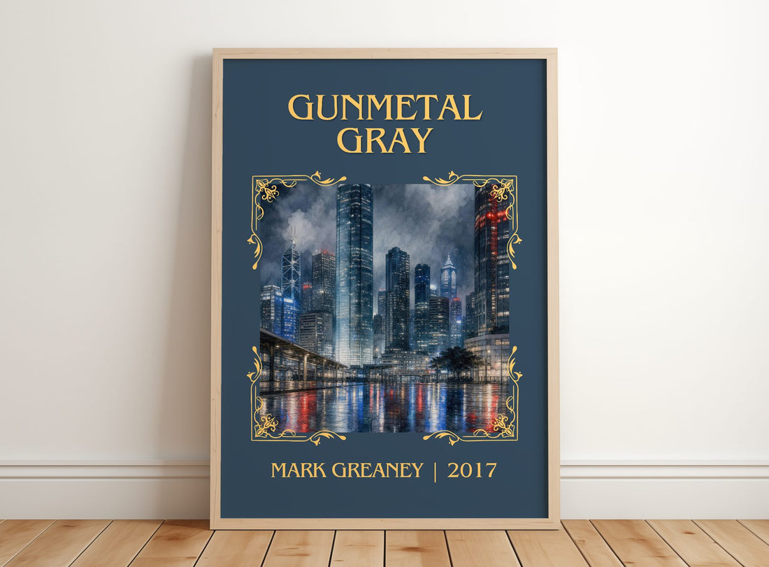 Gunmetal Gray Classic Book Art Print by Mark Greaney – framed print leaning on a wooden floor