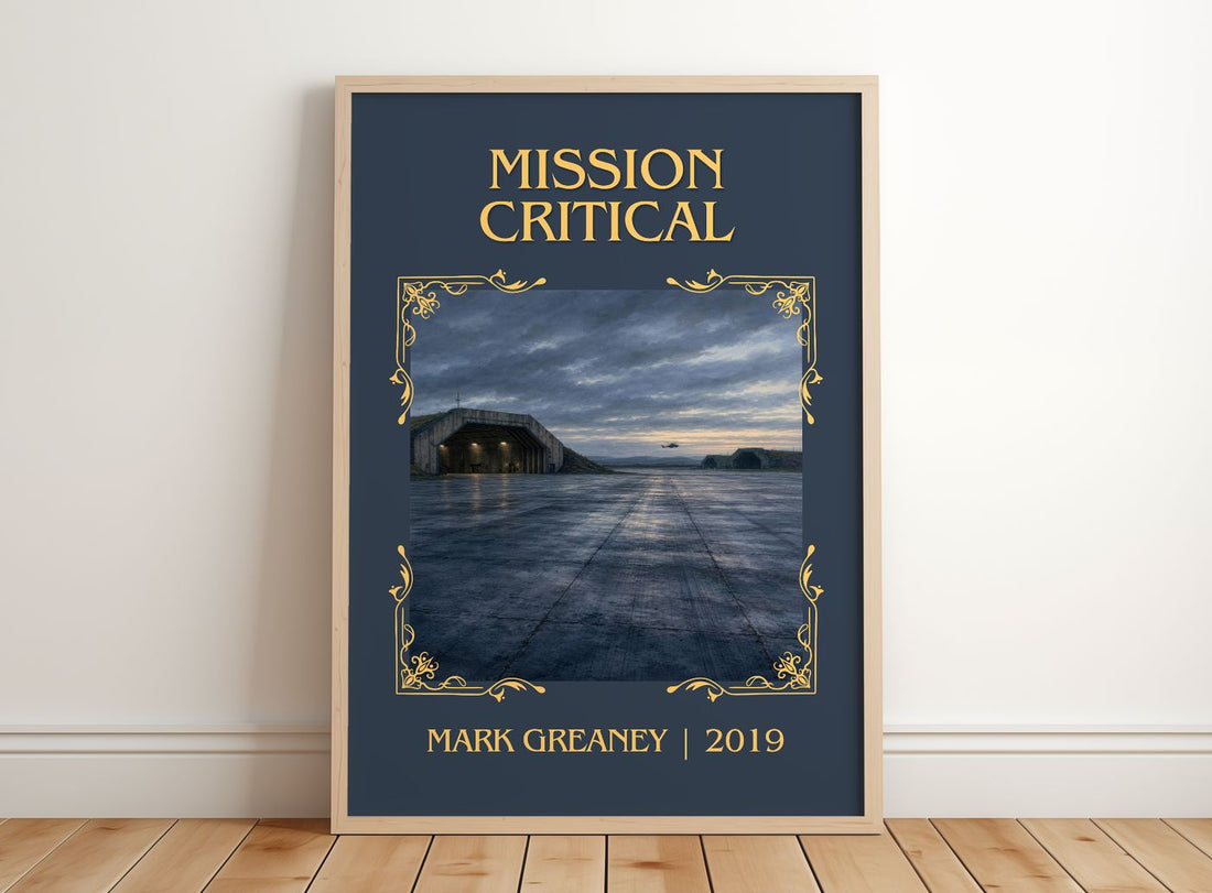 Mission Critical Classic Book Art Print by Mark Greaney – framed print leaning on a wooden floor
