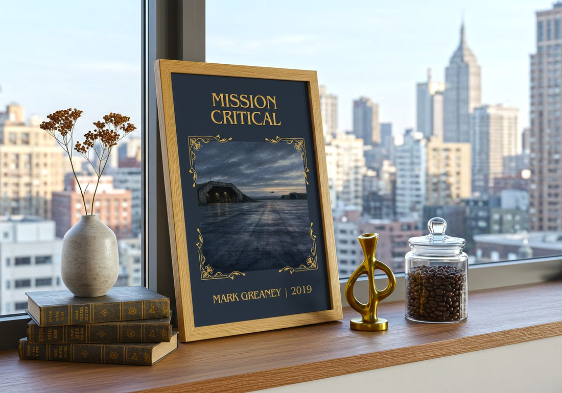 Mission Critical Classic Book Art Print by Mark Greaney – framed print on a city-view windowsill