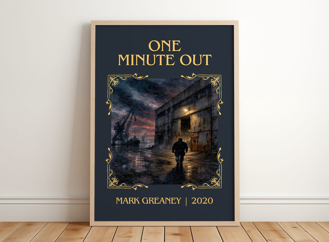 One Minute Out Classic Book Art Print by Mark Greaney – framed print leaning on a wooden floor