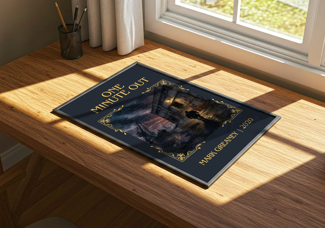 One Minute Out Classic Book Art Print by Mark Greaney – print on a sunlit desk