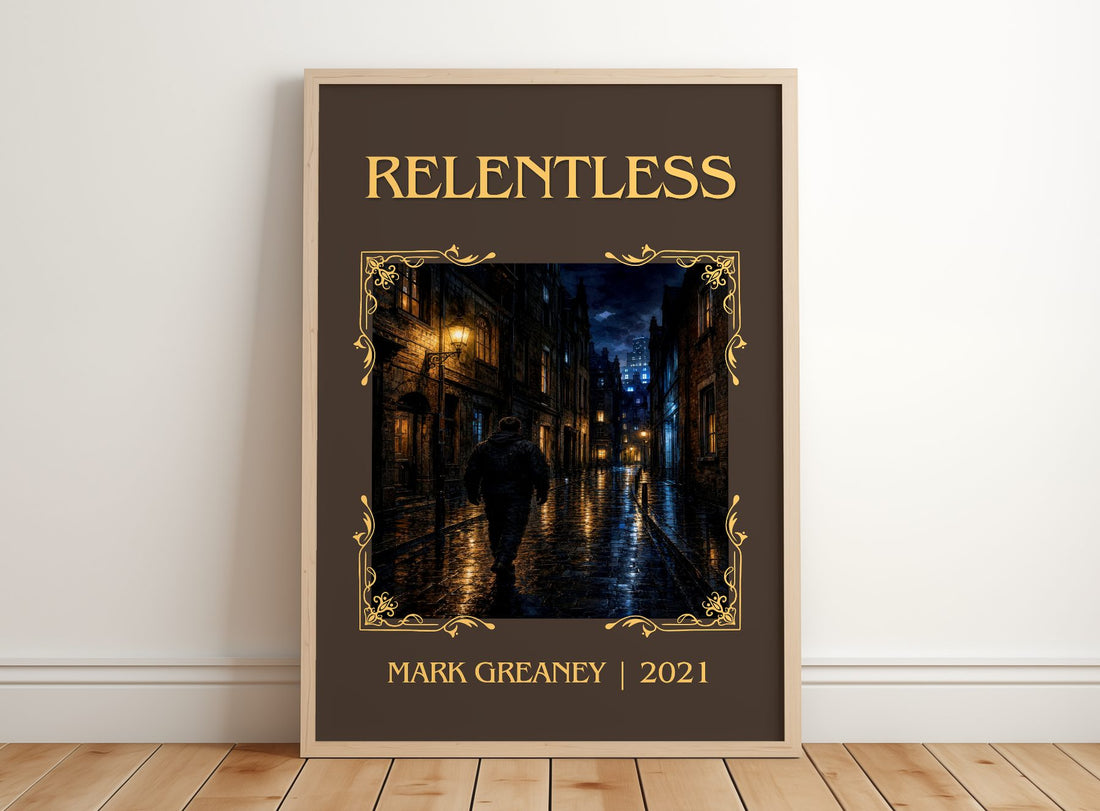 Relentless Classic Book Art Print by Mark Greaney – framed print leaning on a wooden floor