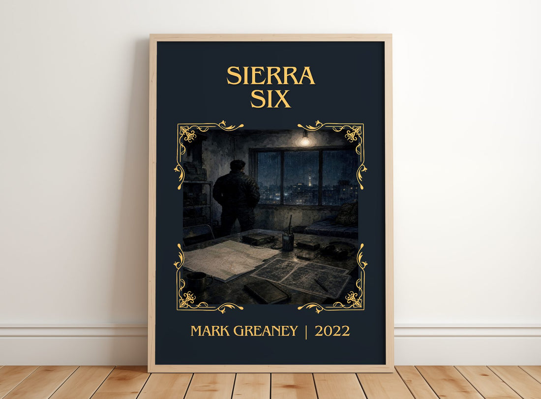 Sierra Six Classic Book Art Print by Mark Greaney – framed print leaning on a wooden floor