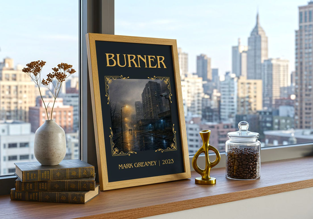 Burner Classic Book Art Print by Mark Greaney – framed print on a city-view windowsill