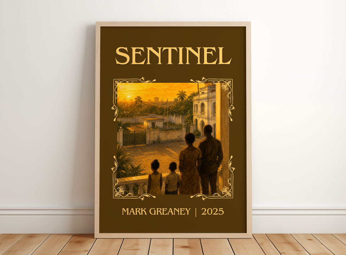 Sentinel Classic Book Art Print by Mark Greaney – framed print leaning on a wooden floor