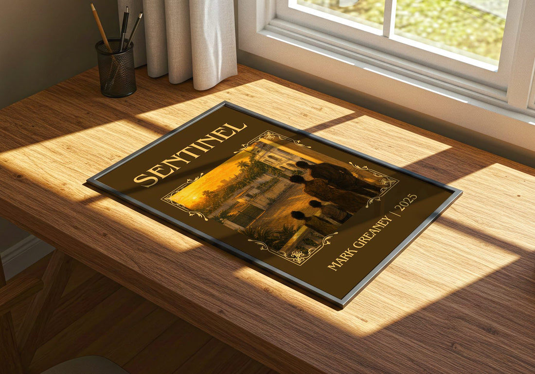 Sentinel Classic Book Art Print by Mark Greaney – print on a sunlit desk