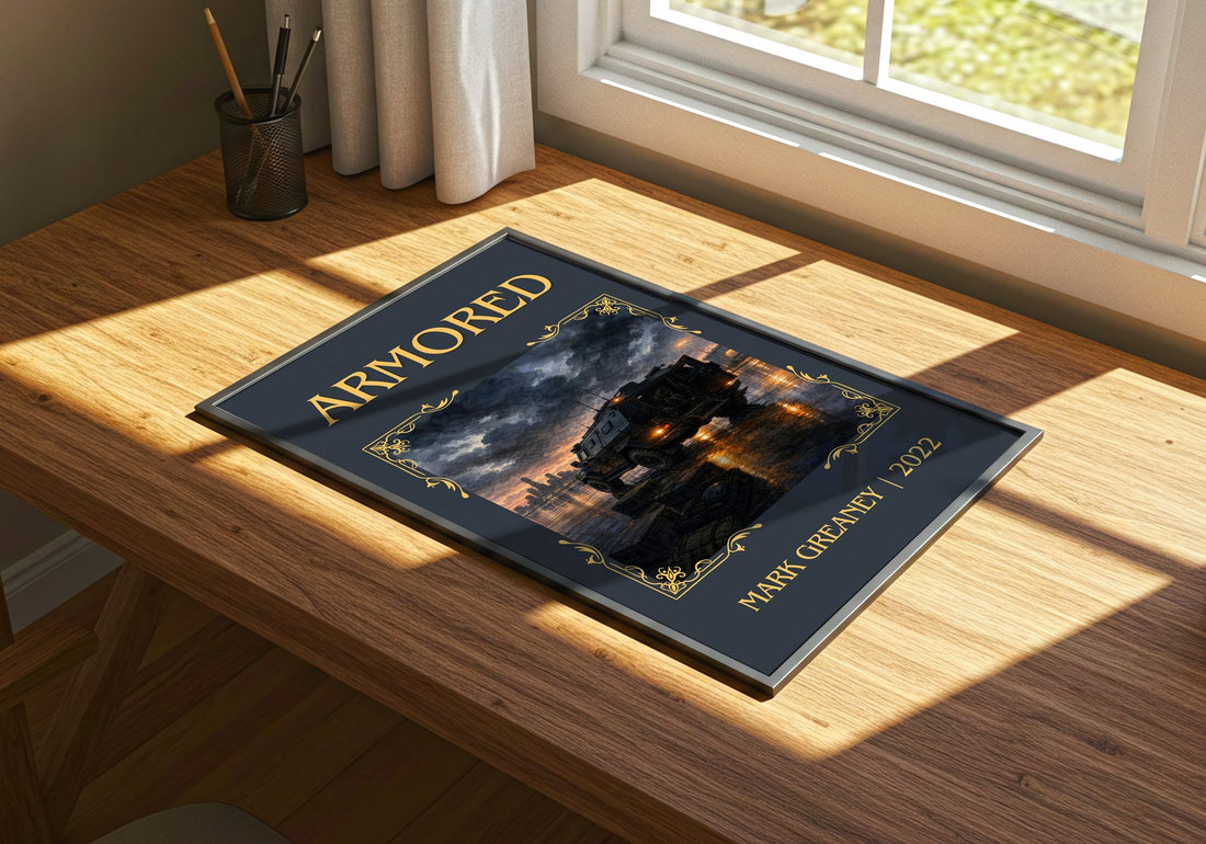 Armored Classic Book Art Print by Mark Greaney – print on a sunlit desk