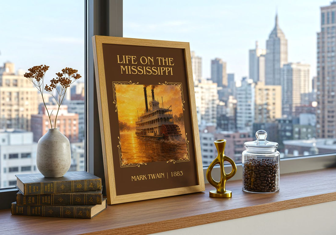 Life On The Mississippi Classic Book Art Print by Mark Twain – framed print on a city-view windowsill