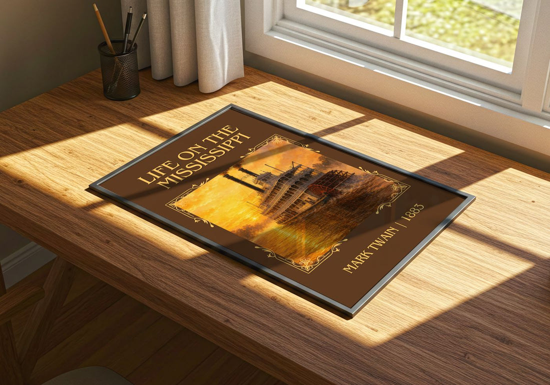 Life On The Mississippi Classic Book Art Print by Mark Twain – print on a sunlit desk
