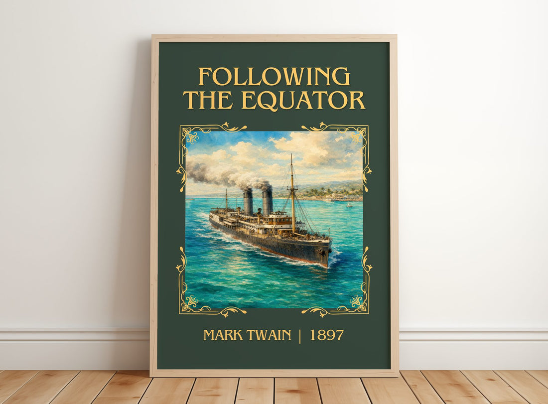 Following The Equator Classic Book Art Print by Mark Twain – framed print leaning on a wooden floor
