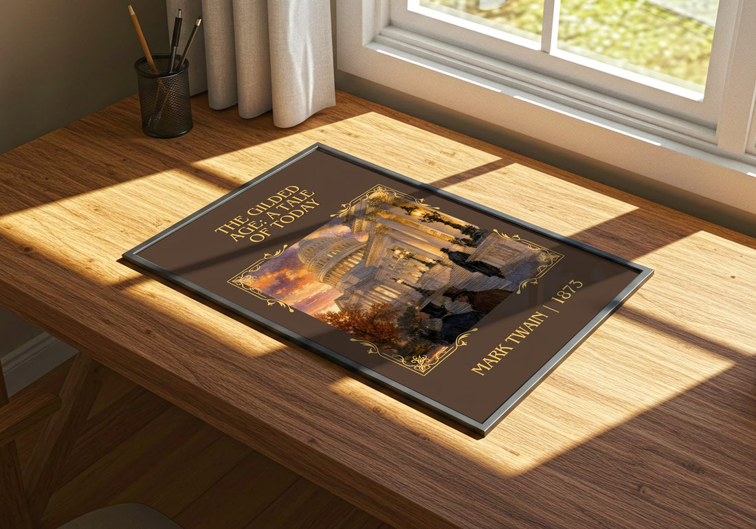 The Gilded Age: A Tale Of Today Classic Book Art Print by Mark Twain – print on a sunlit desk
