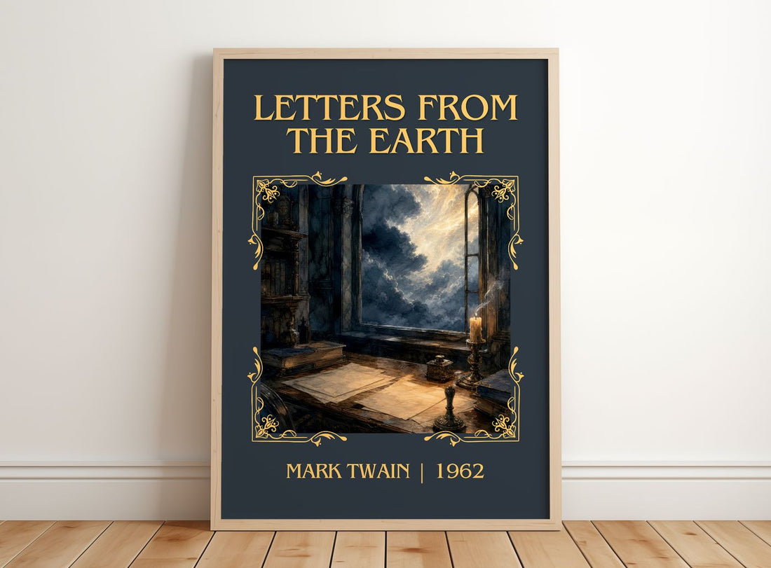 Letters From The Earth Classic Book Art Print by Mark Twain – framed print leaning on a wooden floor