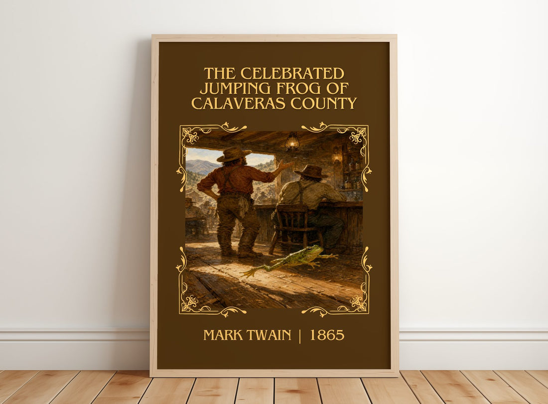 The Celebrated Jumping Frog Of Calaveras County Classic Book Art Print by Mark Twain – framed print leaning on a wooden floor