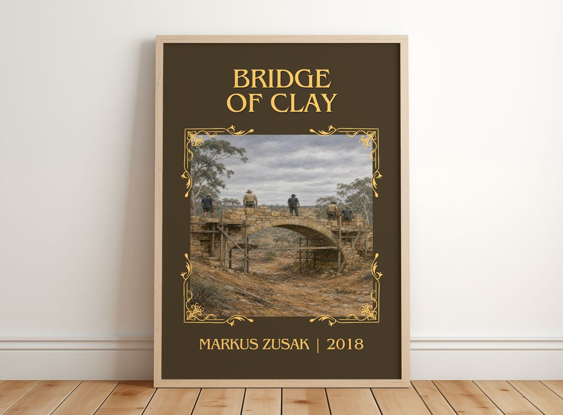 Bridge Of Clay Classic Book Art Print by Markus Zusak – framed print leaning on a wooden floor