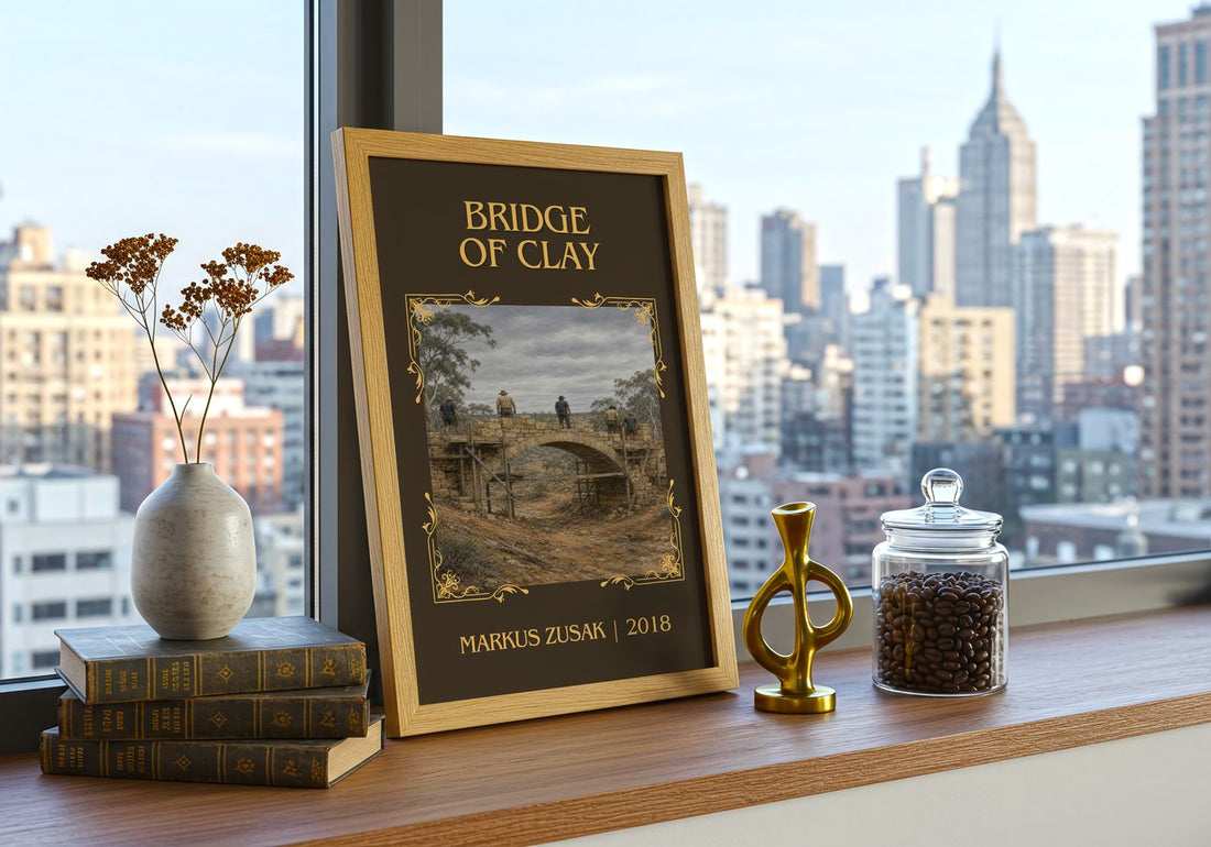 Bridge Of Clay Classic Book Art Print by Markus Zusak – framed print on a city-view windowsill
