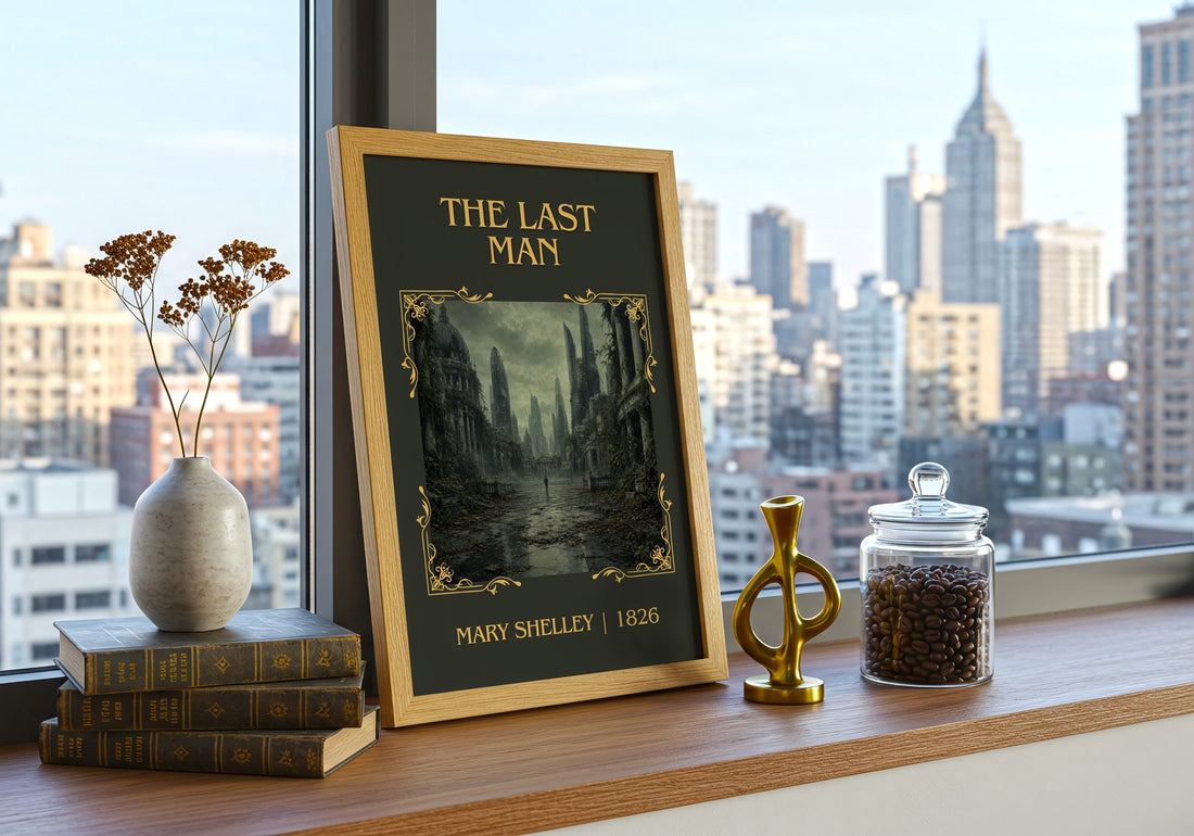 The Last Man Classic Book Art Print by Mary Shelley – framed print on a city-view windowsill