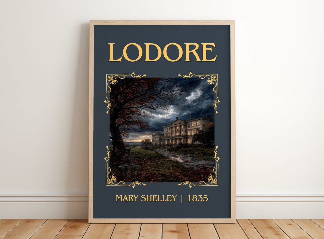 Lodore Classic Book Art Print by Mary Shelley – framed print leaning on a wooden floor