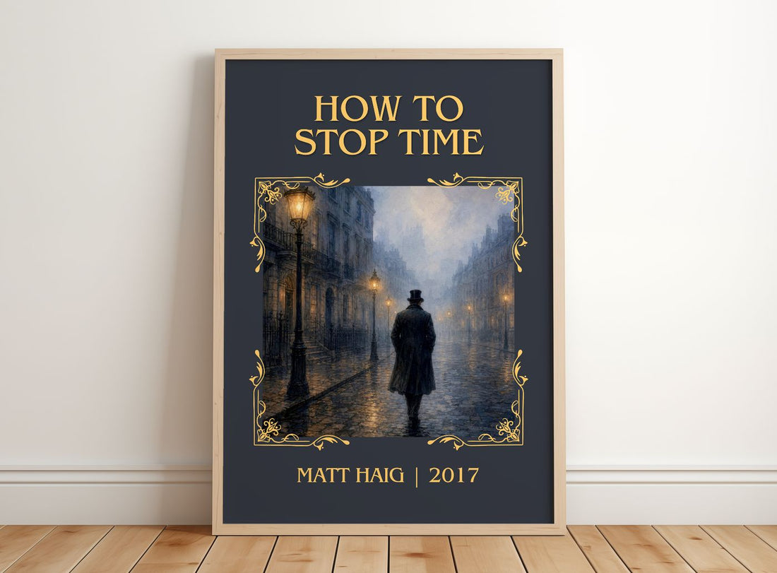 How To Stop Time Classic Book Art Print by Matt Haig – framed print leaning on a wooden floor
