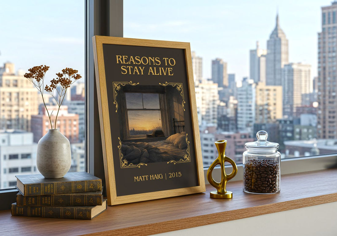 Reasons To Stay Alive Classic Book Art Print by Matt Haig – framed print on a city-view windowsill