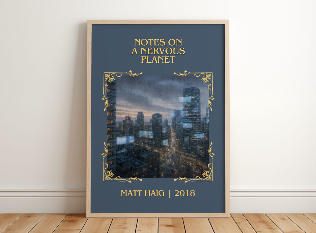 Notes On A Nervous Planet Classic Book Art Print by Matt Haig – framed print leaning on a wooden floor