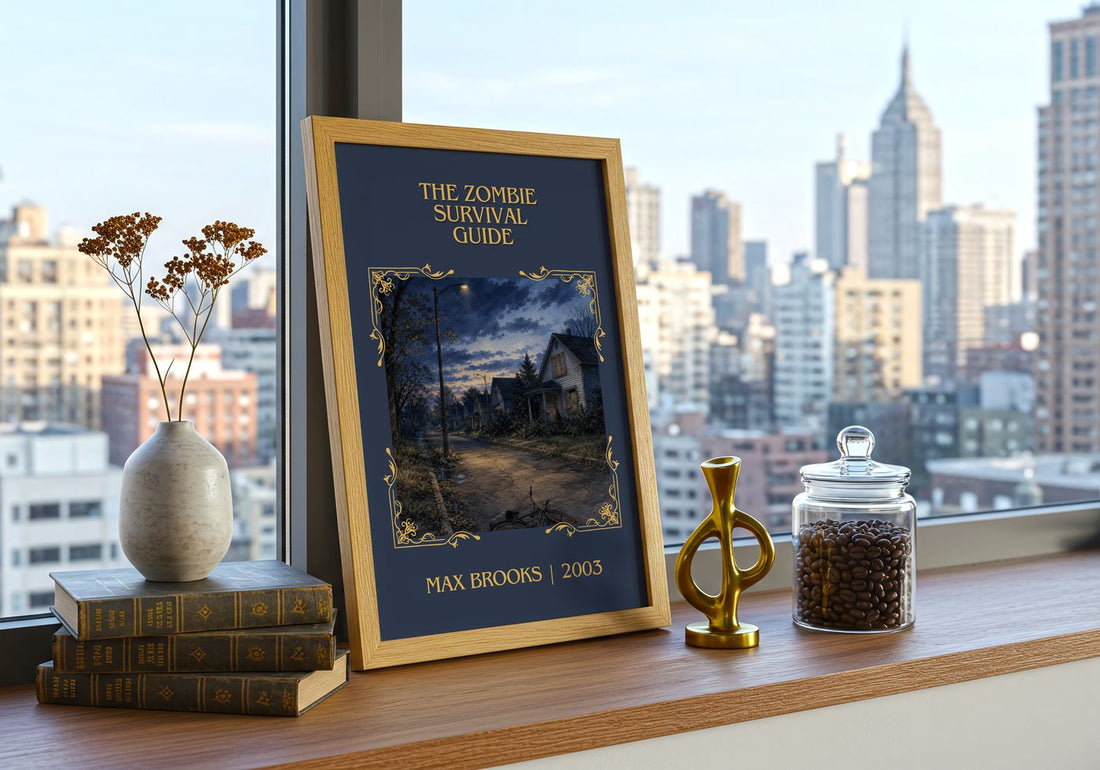 The Zombie Survival Guide Classic Book Art Print by Max Brooks – framed print on a city-view windowsill