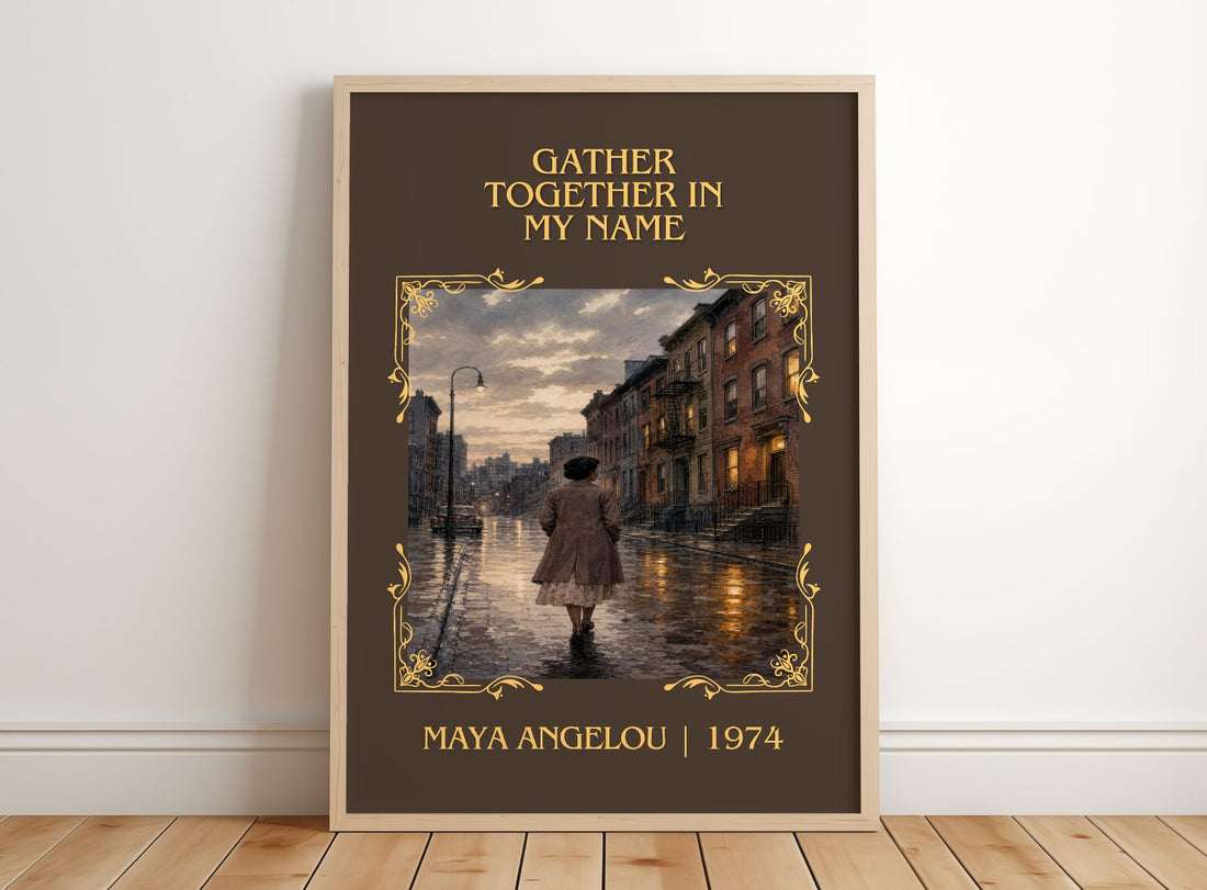 Gather Together In My Name Classic Book Art Print by Maya Angelou – framed print leaning on a wooden floor