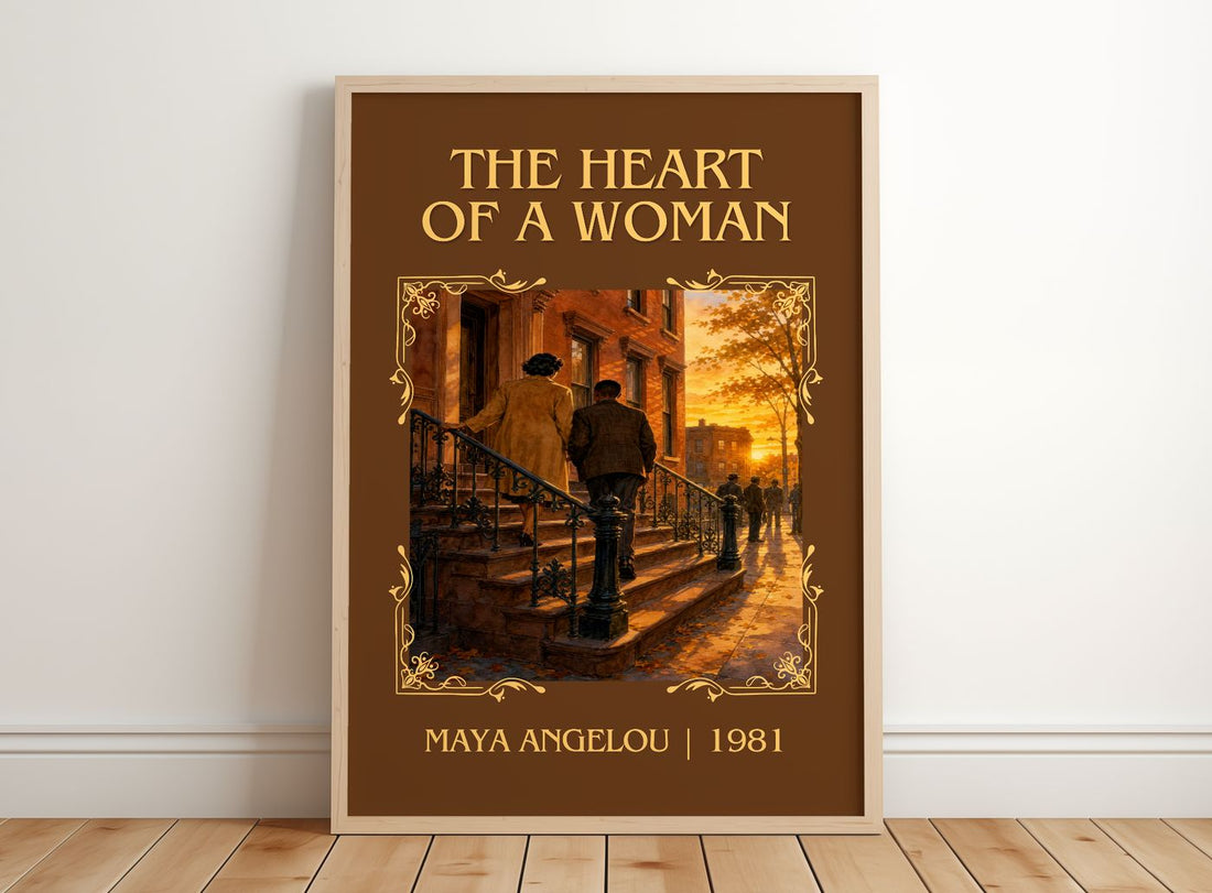 The Heart Of A Woman Classic Book Art Print by Maya Angelou – framed print leaning on a wooden floor