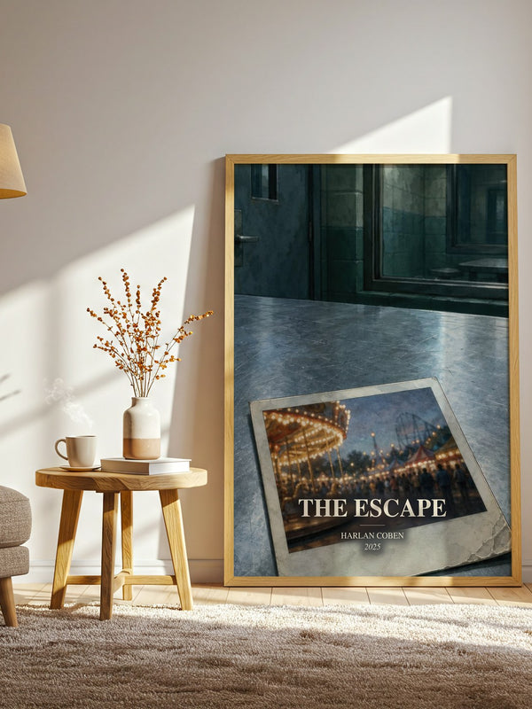 The Escape watercolour print in frame leaning in hallway – thriller wall art