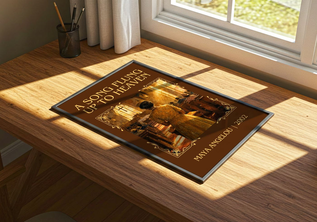 A Song Flung Up To Heaven Classic Book Art Print by Maya Angelou – print on a sunlit desk
