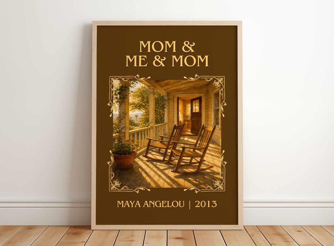 Mom & Me & Mom Classic Book Art Print by Maya Angelou – framed print leaning on a wooden floor