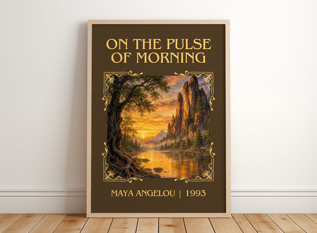On The Pulse Of Morning Classic Book Art Print by Maya Angelou – framed print leaning on a wooden floor