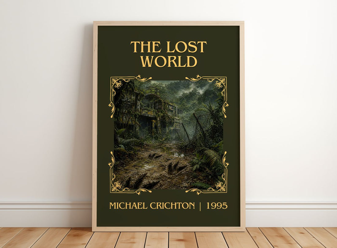 The Lost World Classic Book Art Print by Michael Crichton – framed print leaning on a wooden floor