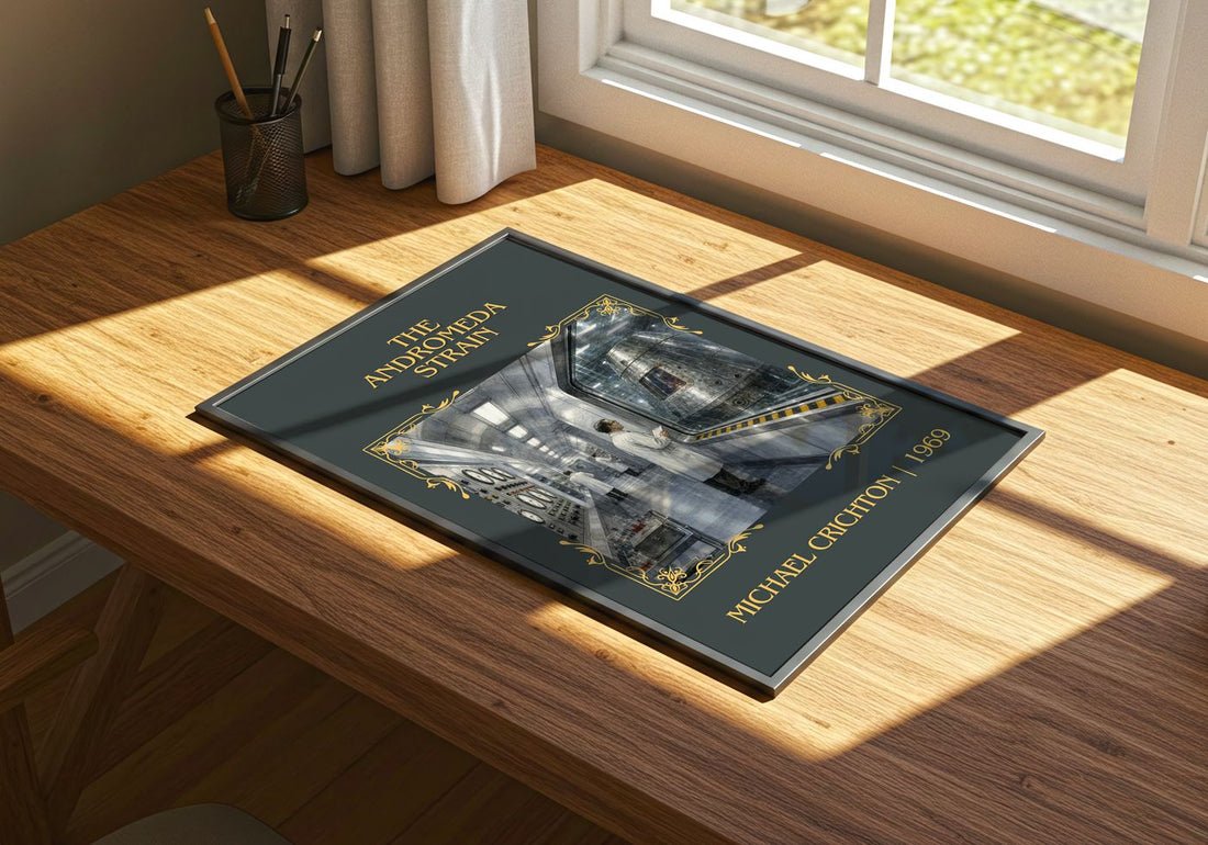 The Andromeda Strain Classic Book Art Print by Michael Crichton – print on a sunlit desk