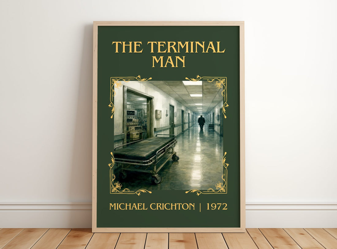 The Terminal Man Classic Book Art Print by Michael Crichton – framed print leaning on a wooden floor