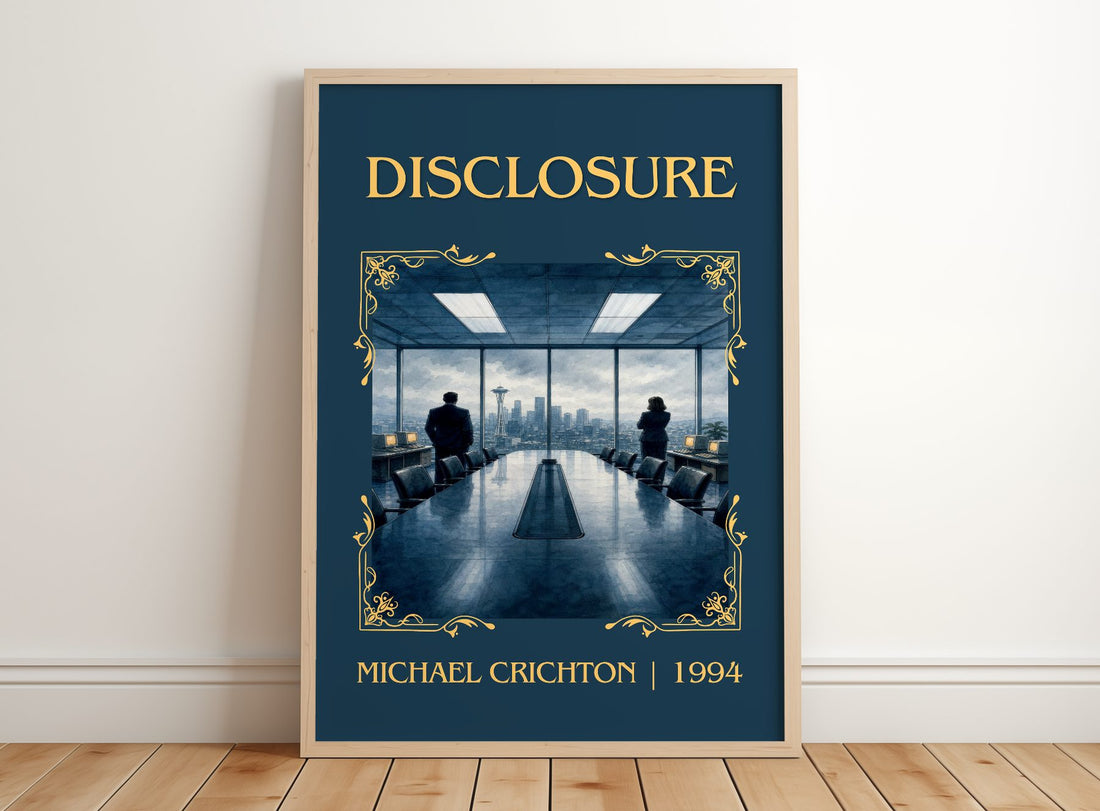 Disclosure Classic Book Art Print by Michael Crichton – framed print leaning on a wooden floor